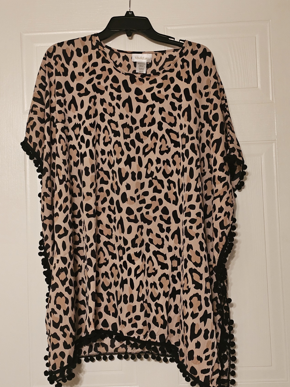 Leopard Print Swim Coverup Poncho with Black Pom Trim